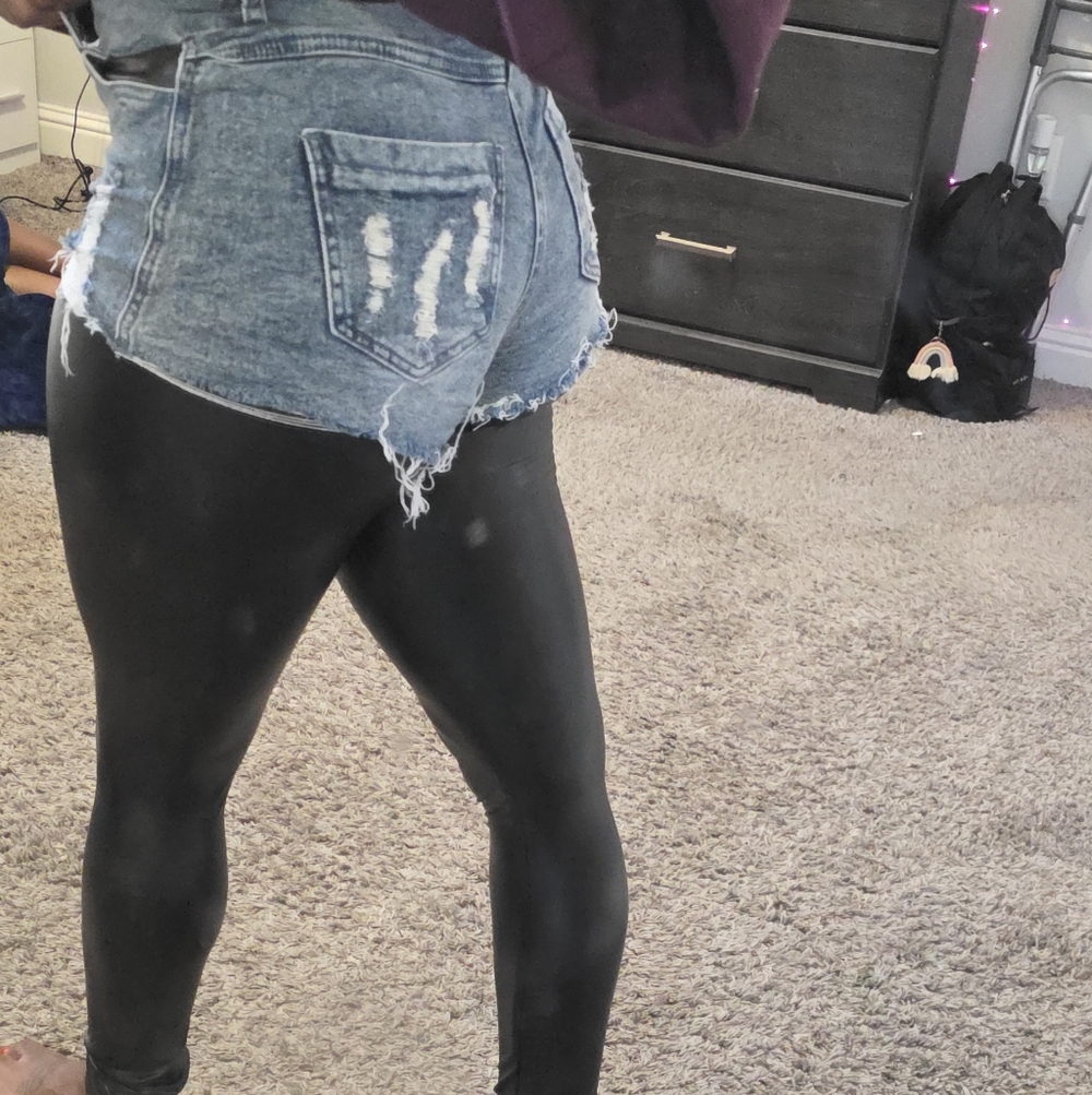AKIRA Black Leggings with Denim Shorts Overlay